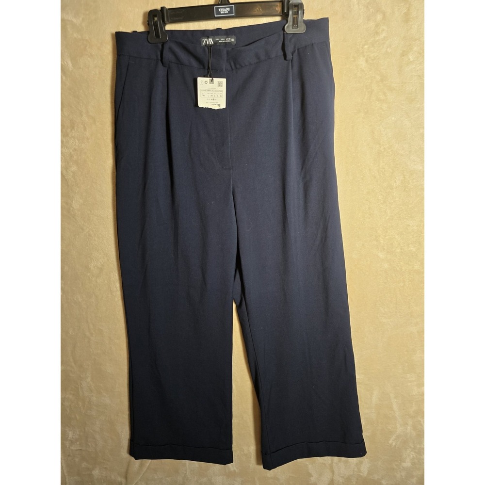 ZARA Women's L Navy Wide Leg Trousers Pants NWT High Rise Pull-On Dress Work 287